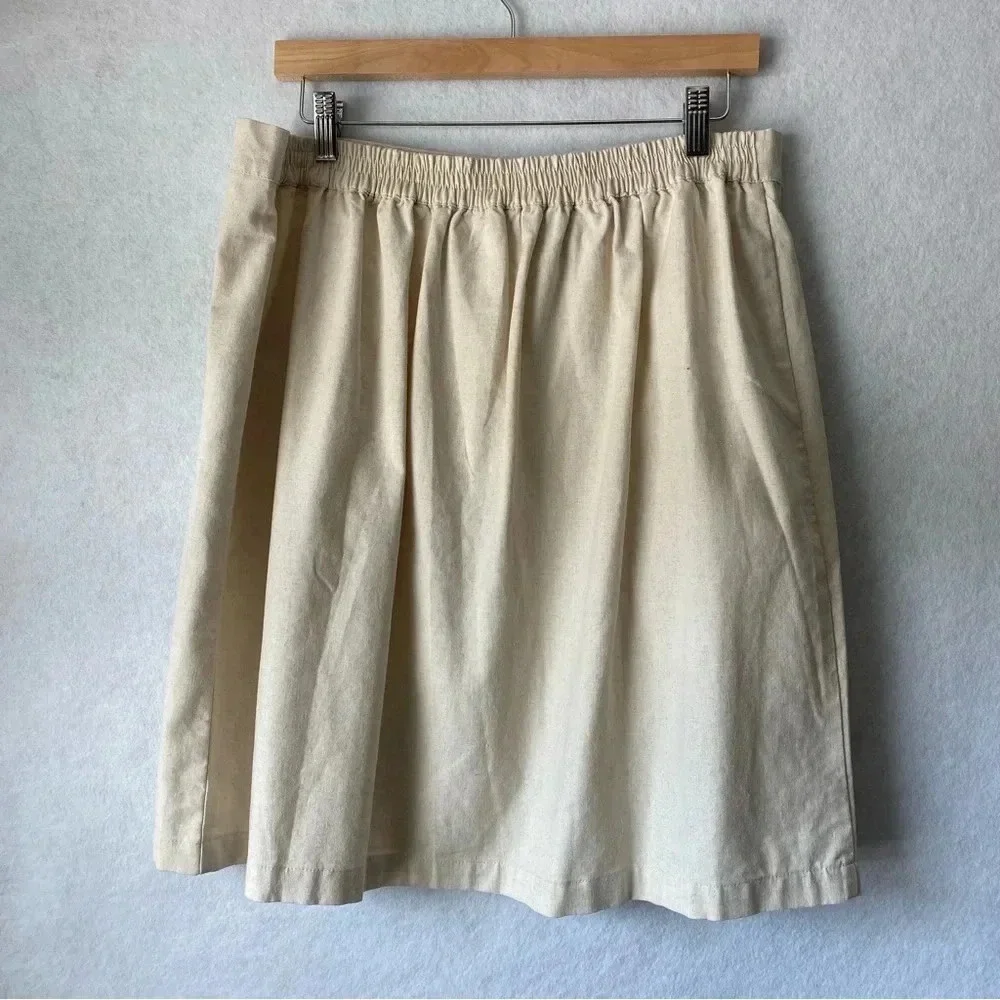 ODDY Button‎ Front Cotton Linen Elastic Wasit Pockets Casual Skirt Size 2XL